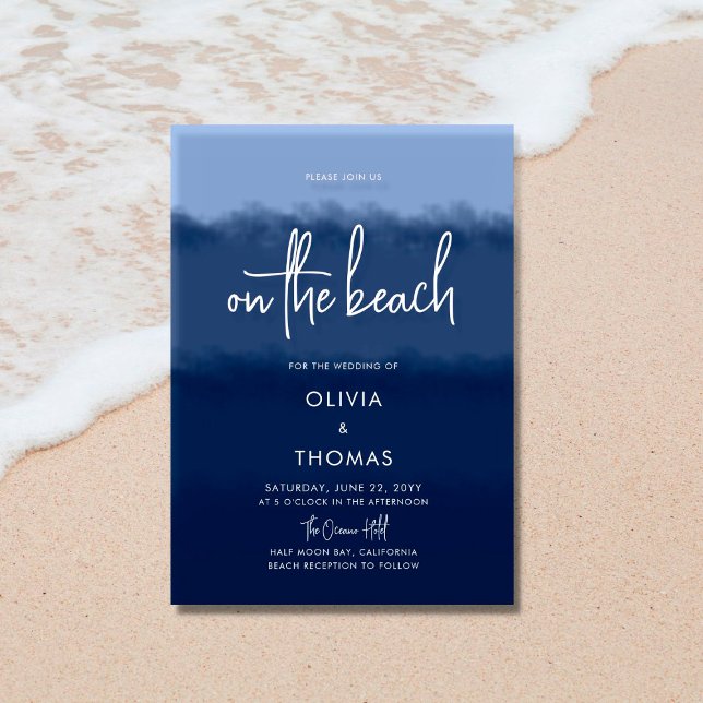 Invitación Simple y moderna Marina Blue Calligraphy Beach Wed (Subido por el creador)