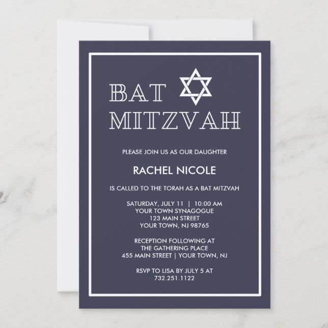 Invitación Simple y moderno azul oscuro y blanco Mitzvah (Anverso)
