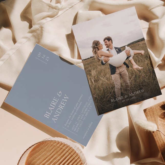 Invitación Simple y moderno azul turbio con Boda de fotos (Subido por el creador)