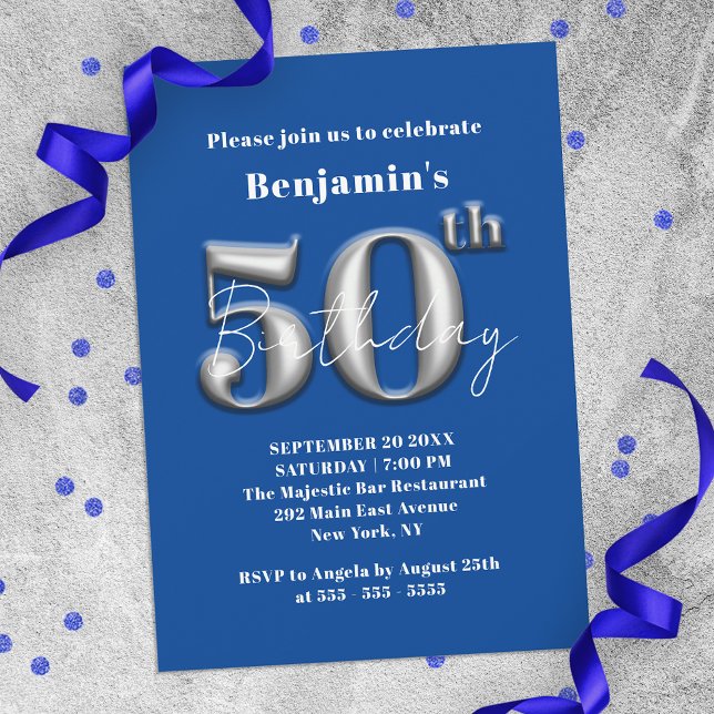 Invitación Simple y moderno azul y plateado 50 cumpleaños (Subido por el creador)