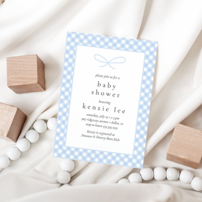 Invitación Simple y moderno Baby Shower Bow Blue Plaid (Subido por el creador)