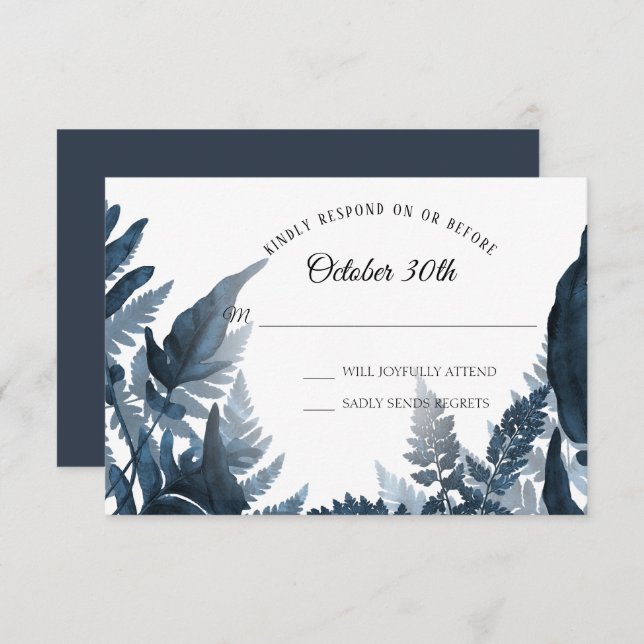 Invitación Simple y moderno bosque Fern Blue and White RSVP (Anverso / Reverso)