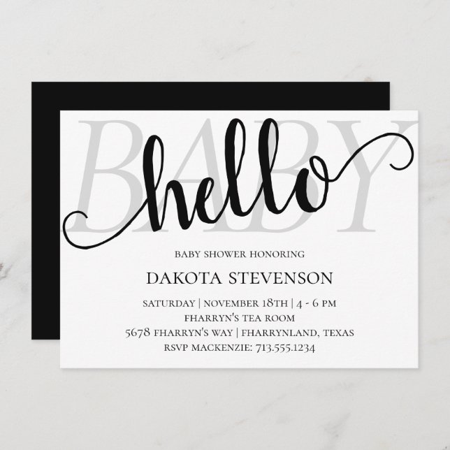Invitación Simple y moderno Hola bebé | Flourish Script Showe (Anverso / Reverso)