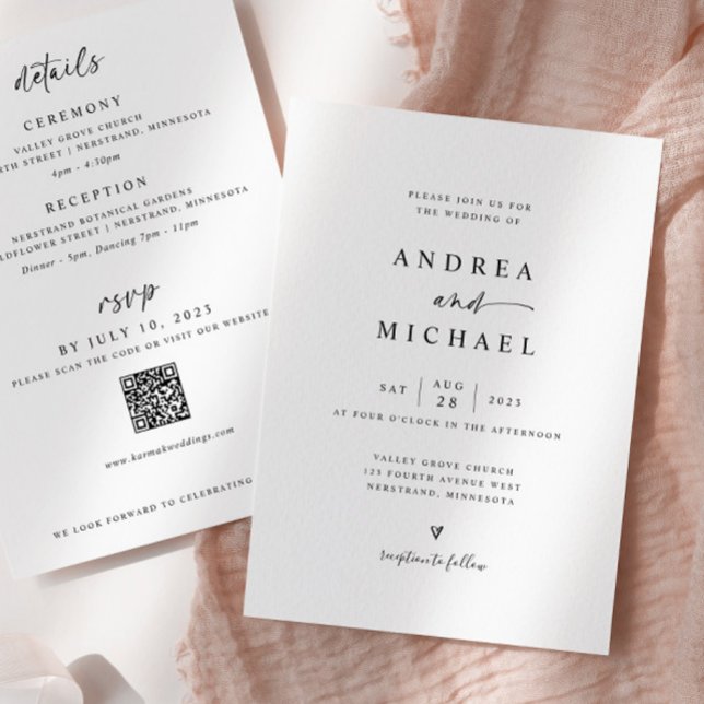 Invitación Simple y moderno todo de una mano dibujado Boda de (Simple Modern All in One wedding invitations with details on the back)