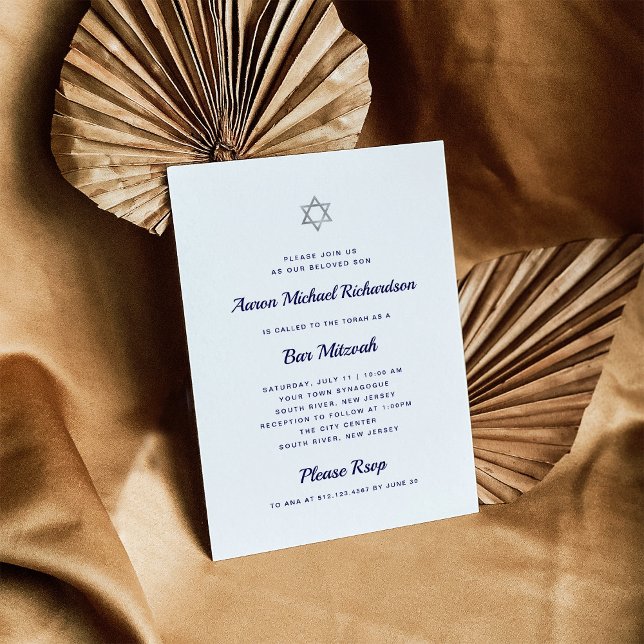 Invitación Simple y negrita | Bar blanco y azul oscuro Mitzva (Subido por el creador)