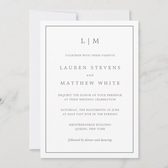 Invitación Simple y oscuro Monograma Elegante de Gris (Anverso)