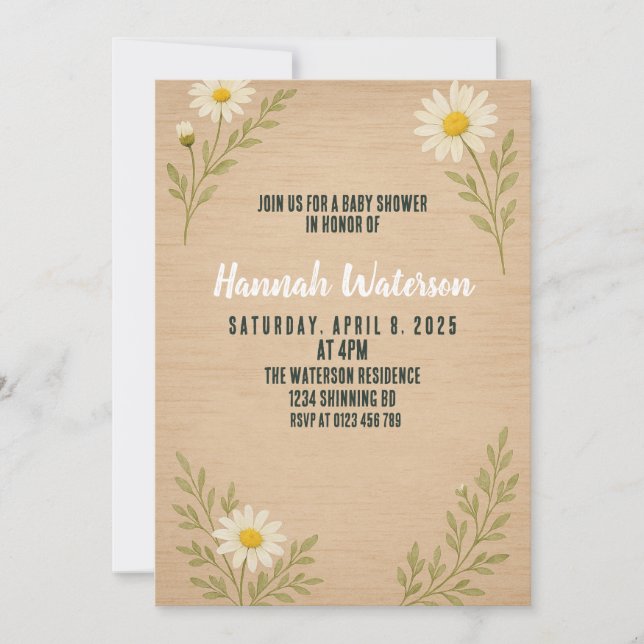 Invitación simple y rústica a Baby Shower Daisy (Anverso)