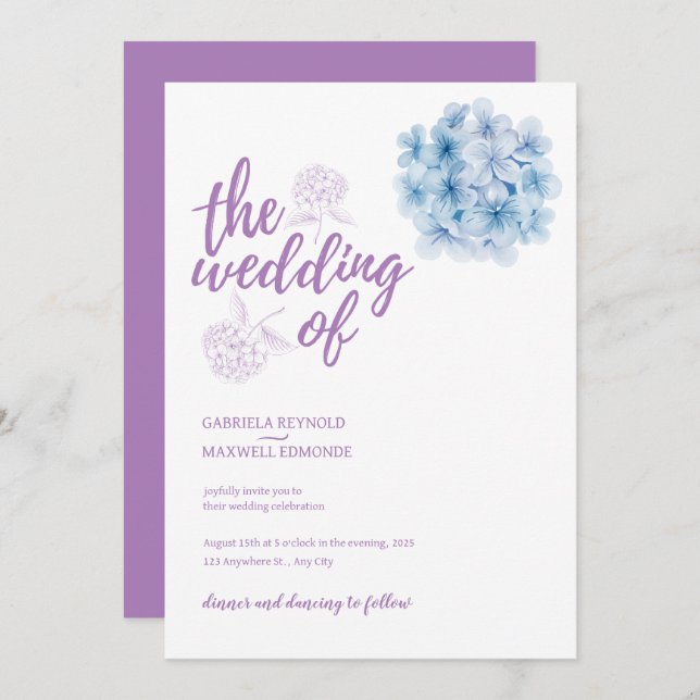 Invitación Simplemente acuarela azul hidrangea Boda (Anverso / Reverso)