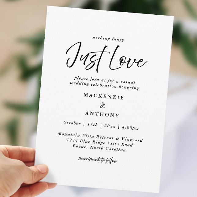 Invitación Simplemente amor manuscritos boda negro blanco mod (Just Love Handwritten Wedding Black White Modern Invitation)