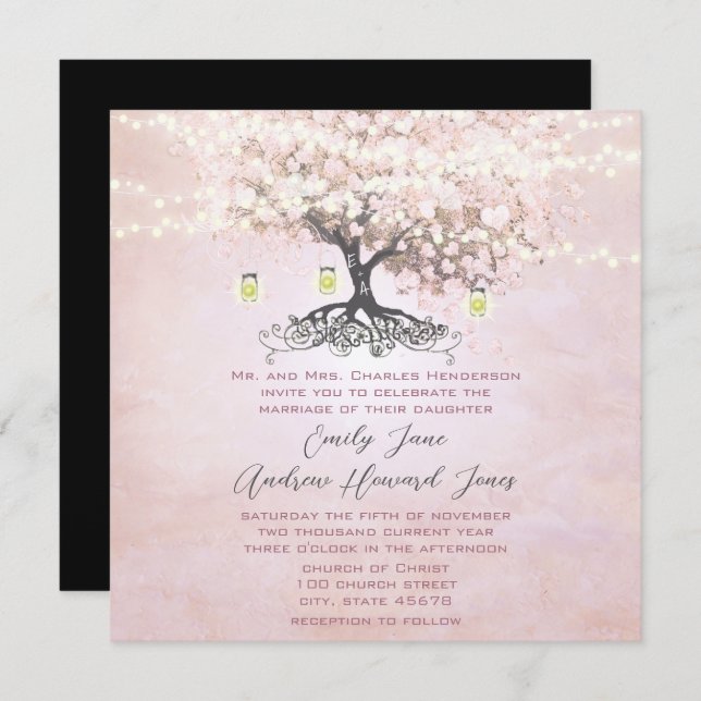 Invitación Simplemente Boda de bosque de hojas de corazón ros (Anverso / Reverso)