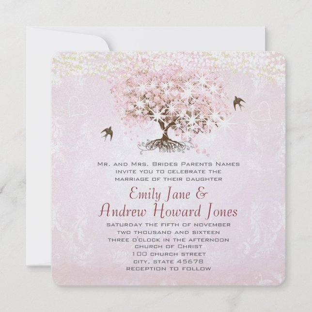 Invitación Simplemente Corazón Rosa Hoja Árbol Amor Pájaro Bo (Anverso)