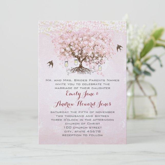 Invitación Simplemente Corazón Rosa Hoja Árbol Amor Pájaro Bo (Anverso de pie)