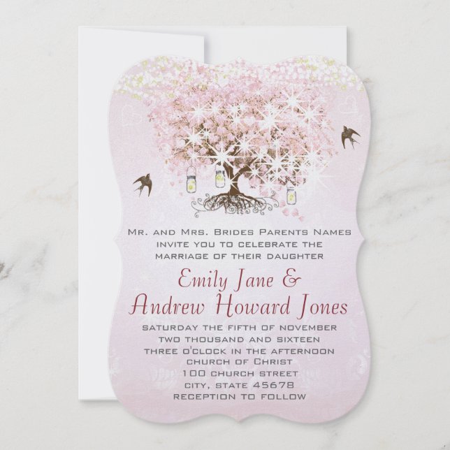 Invitación Simplemente Corazón Rosa Hoja Árbol Amor Pájaro Bo (Anverso)