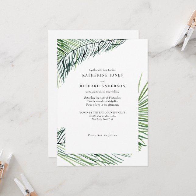 Invitación Simplemente Elegante Boda de Palma Tropical Blanca (Anverso/Reverso In Situ)