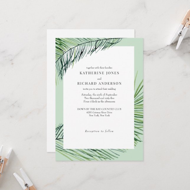 Invitación Simplemente Elegante Boda de Palma Tropical Salvia (Anverso/Reverso In Situ)