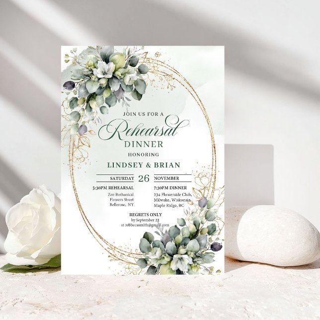 Invitación Simplemente Elegante Cena de Ensayo Botánico Verde (Simply Stylish Rehearsal Dinner Botanical Green Gold)