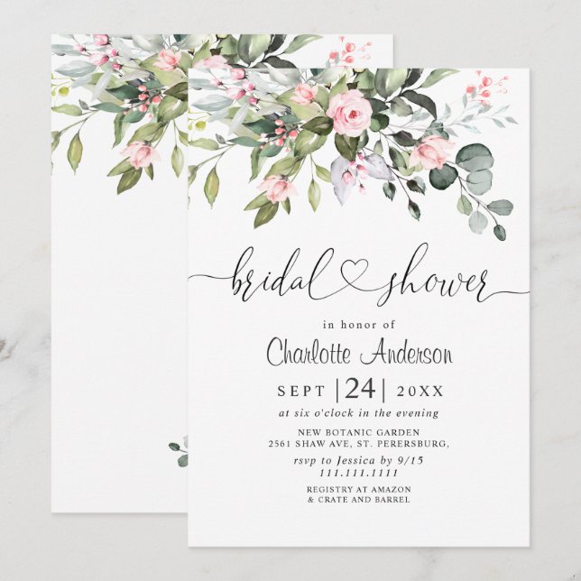 Invitación Simplemente Elegante Ducha Nupcial de Eucalipto (Anverso / Reverso)