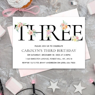 Invitación Simplemente Elegante Floral TRES 3er Cumpleaños