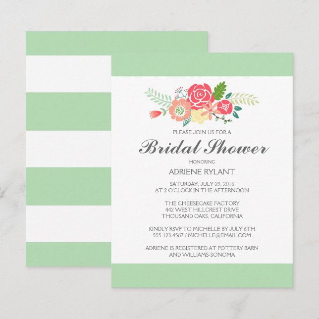 Invitación Simplemente Floral & Stripes Bridal Shower Invitac (Anverso / Reverso)
