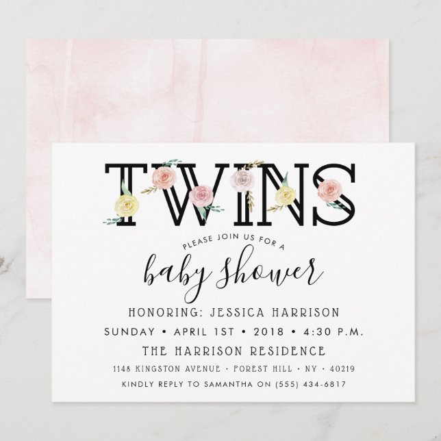 Invitación Simplemente Moda Floral Garden Twins Baby Shower (Anverso / Reverso)