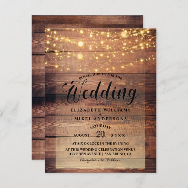 Invitación Simplemente Rústico Natural Wood Luces String boda (Anverso / Reverso)