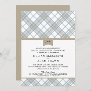 Invitación Simplemente tela escocesa azul y moreno con la