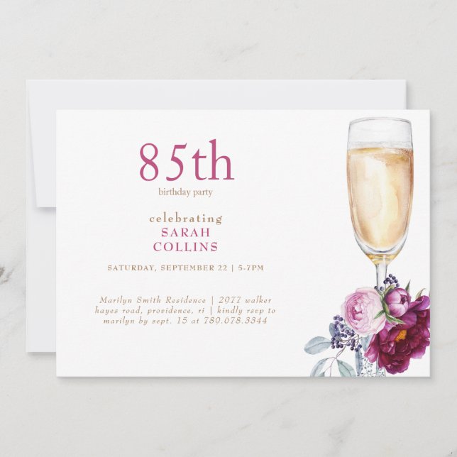 Invitación Simples Peonies Champagne 85ª fiesta de cumpleaños (Anverso)