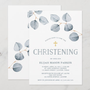 Invitación Simplicidad de Eucalyptus   Christening con Cross