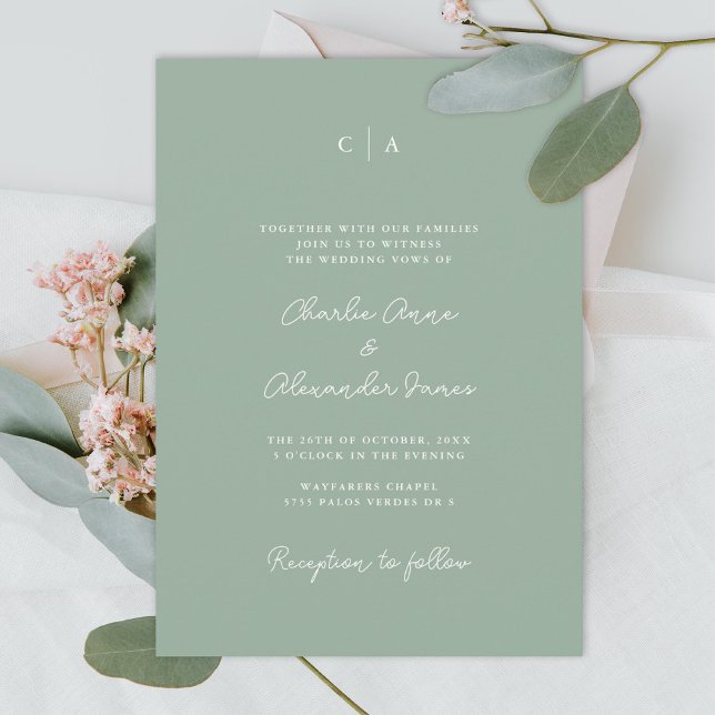 Invitación Simplicidad | Monograma verde sabio Minimalista (Subido por el creador)
