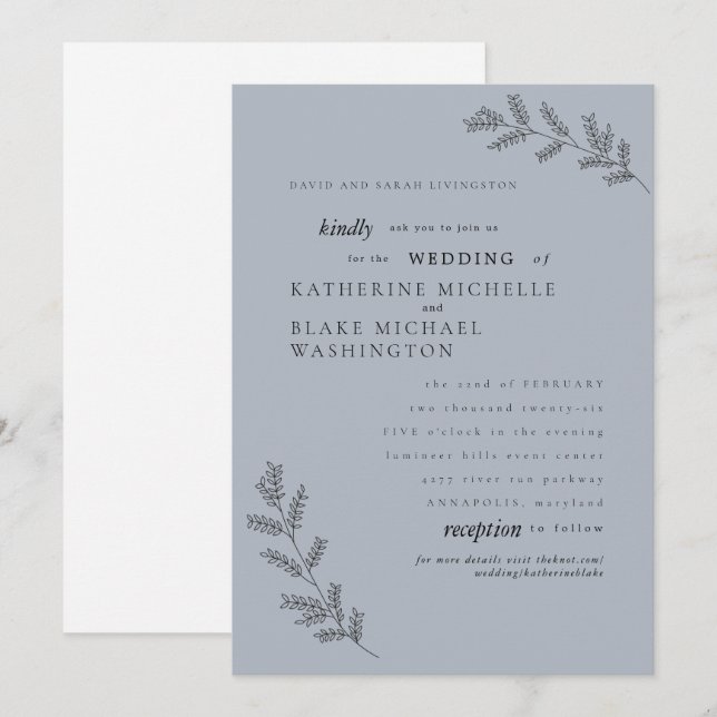Invitación Simplicity Azul Polvoriento Padres Sitio Web Boda  (Anverso / Reverso)