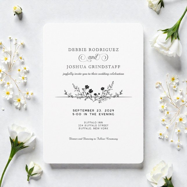 Invitación Simplistic Black White Floral Wedding Invitation  (Subido por el creador)