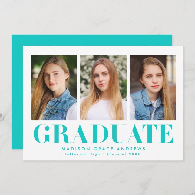 Invitación Simply Bold Turquoise 3 Photo Graduation Party (Anverso / Reverso)