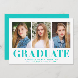 Invitación Simply Bold Turquoise 3 Photo Graduation Party
