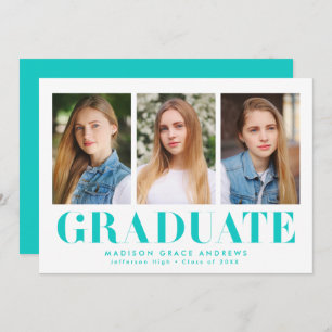 Invitación Simply Bold Turquoise 3 Photo Graduation Party