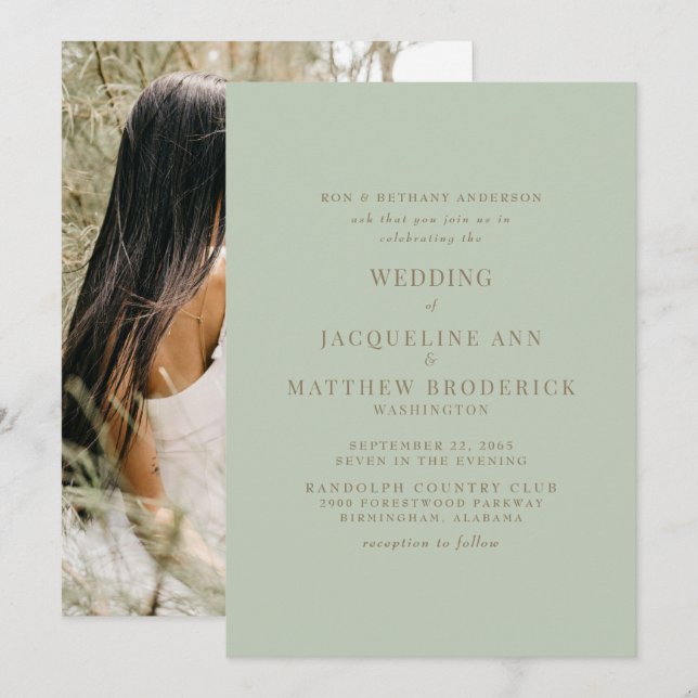 Invitación Simply Sage Photo Gold Boda de texto (Anverso / Reverso)