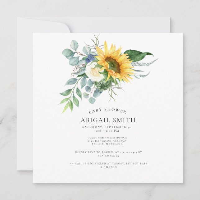 Invitación Simply Sunflower Baby Shower Square (Anverso)