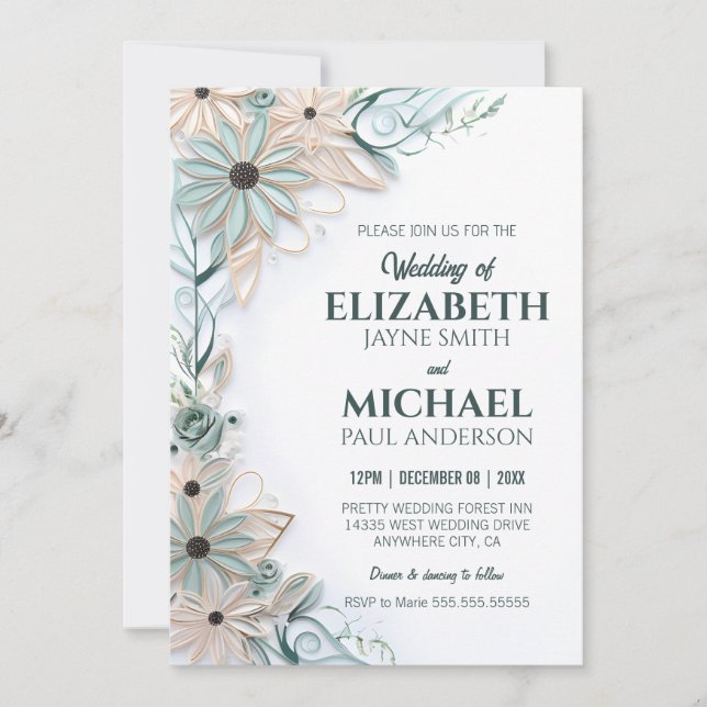 Invitación Simulación del papel del Boda floral neutro que ag (Anverso)