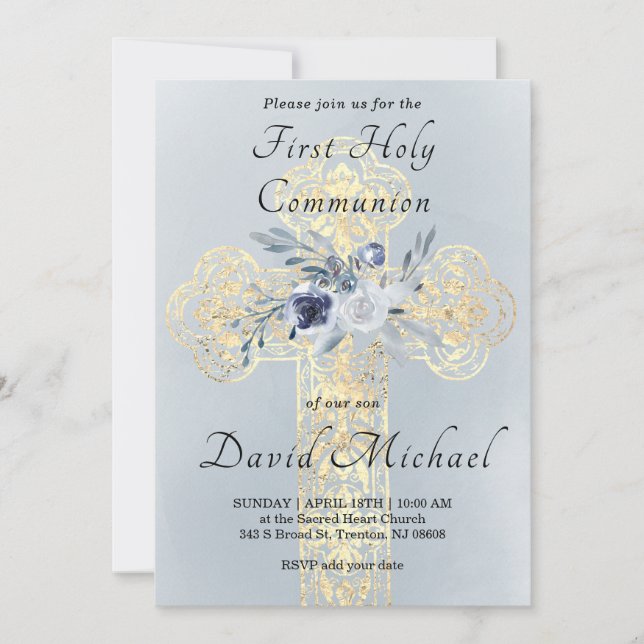 Invitación simulated gold foil Holy Cross First Communion (Anverso)