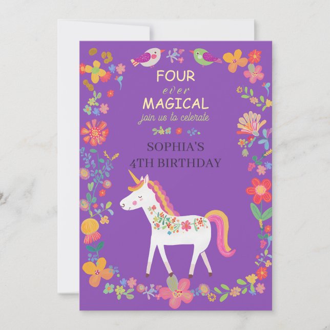 Invitación sincera de unicornio y flores (Anverso)