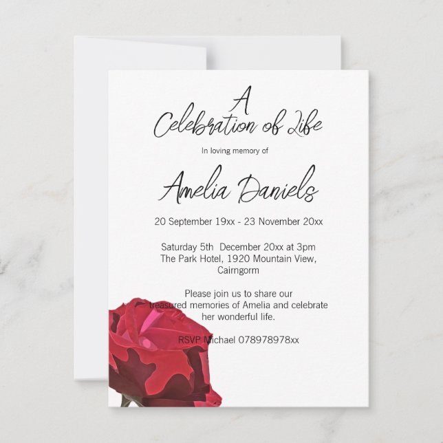 Invitación Single Red Rose Celebration of Life  Card (Anverso)