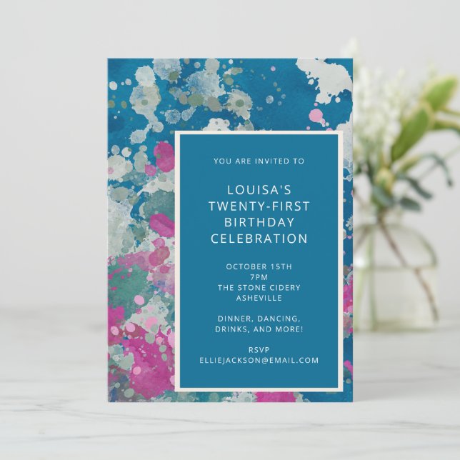 Invitación Singular pintura abstracta moderna azul 21º cumple (Anverso de pie)