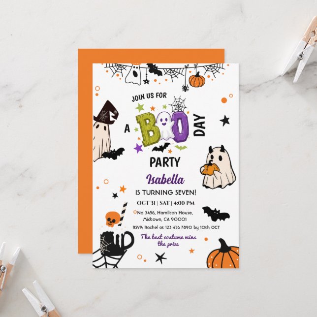 Invitación Siniestro 7º Cumpleaños de Halloween Fantasma Capr (Anverso/Reverso In Situ)