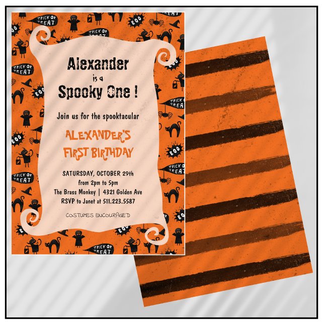 Invitación Siniestro cumpleaños Spooktacular de Halloween núm (Halloween-1st-birthday-Invitation-Spooky-one-Spooktacular-orange-1)