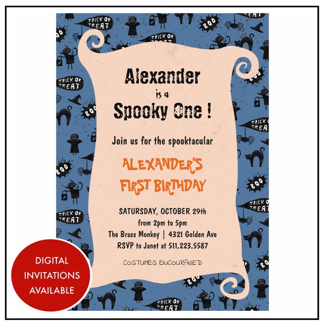 Invitación Siniestro cumpleaños Spooktacular de Halloween núm (Halloween-1st-birthday-Invitation-Spooky-one-Spooktacular-boy-blue-1)