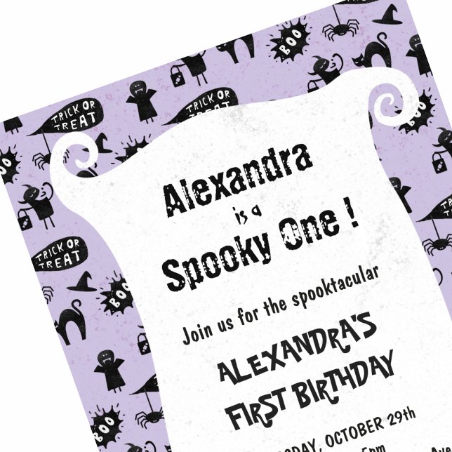 Invitación Siniestro cumpleaños Spooktacular de Halloween núm (Halloween-1st-birthday-Invitation-Spooky-one-Spooktacular-girl-purple-1)