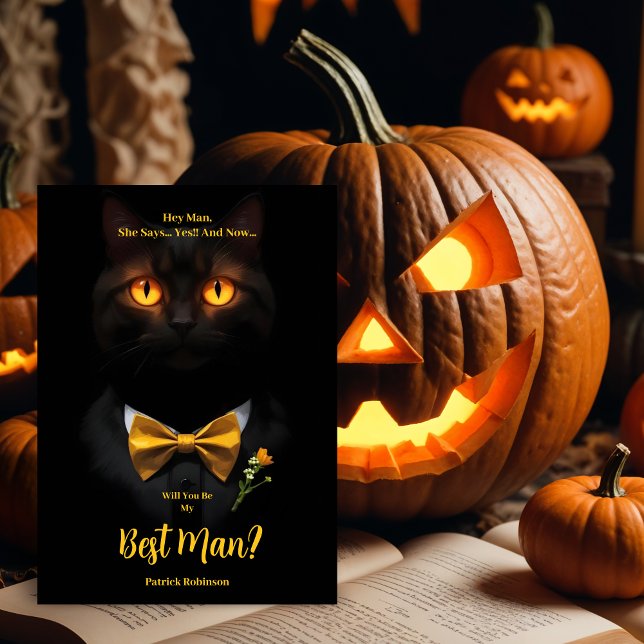 Invitación Sinister Cat's Glowing Yellow Eyes Best Man  (Sinister Humanoide Cat's Glowing Yellow Eyes Best Man with Bow Tie Proposal Cards.)