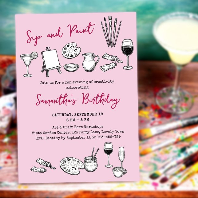 Invitación Sip and Paint Art and Wine Birthday Party (Sip and Paint invitation, fun activity based celebration or business event for customers)