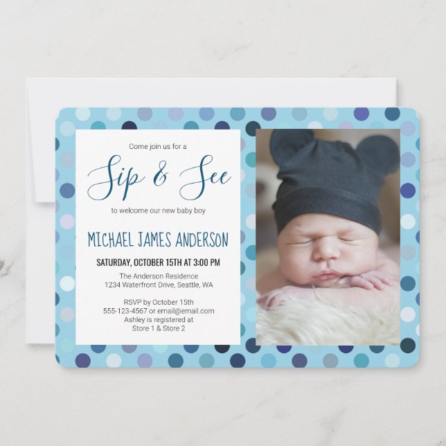 Invitación Sip and See Baby Boy Photo Blue Polka Dot (Anverso)