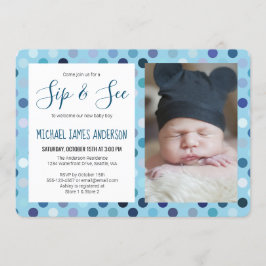 Invitación Sip and See Baby Boy Photo Blue Polka Dot