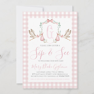 Invitación Sip and See Baby Girl Watercolor Stork
